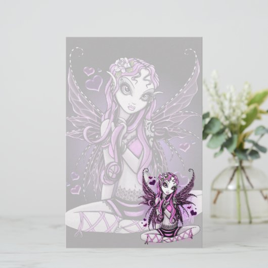 "レースのような"ピンクのリボンのバレンタインの妖精の芸術の文房具 便箋 (スタンド正面)