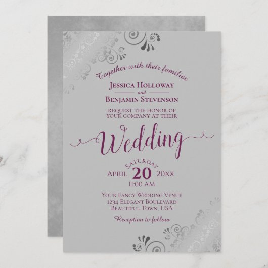 レースのようグレーエレガントズの銀のカシス・パー結婚プル 招待状 (正面/裏面)