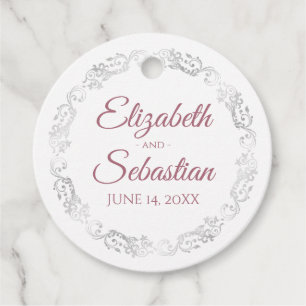 レースのようシルバー縁どダスティバラ&ホワイトシック結婚ズ フェイバータグ