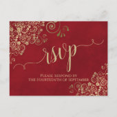 レースのよう金ゴールド書道エレガント赤い結婚式RSVP ポストカード (正面)