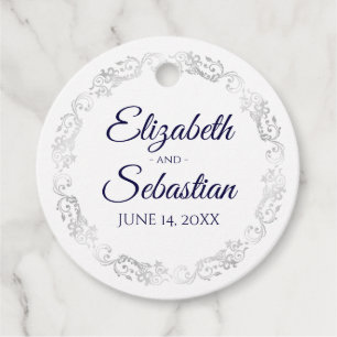 レースのよう銀縁どネイビーブルー&ホワイト結婚ズ フェイバータグ