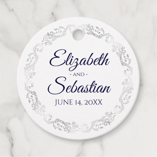 レースのよう銀縁どネイビーブルー&ホワイト結婚ズ フェイバータグ (正面)