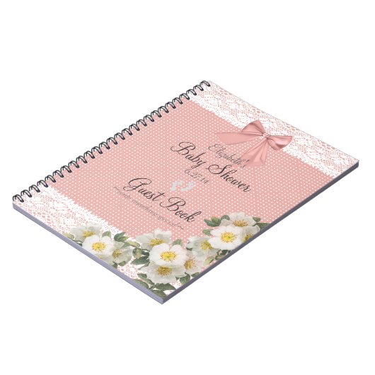 レースのイメージのバラのモモの弓ベビーシャワーの来客名簿 ノートブック (左側)