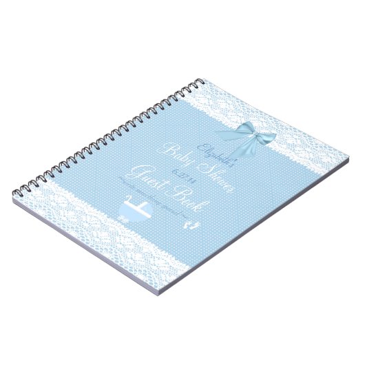 レースのイメージの青い弓かわいらしいベビーシャワーの来客名簿 ノートブック (左側)