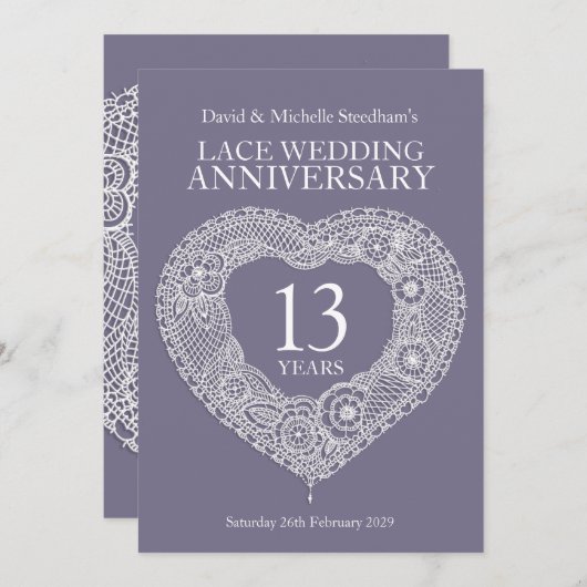 レースのウェディングハート13周年パーティー招待状 招待状 (正面/裏面)