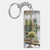 レースのカーテンとチューリップのある窓 キーホルダー (正面左)