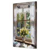 レースのカーテンとチューリップのある窓 クリップボード (左)