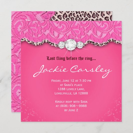 レースのバチェロレッテの誕生会のピンクのヒョウ 招待状 (正面/裏面)