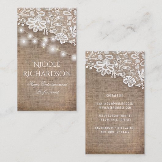 レースのバーラップおよびひもライト素朴な国 名刺 (正面/裏面)