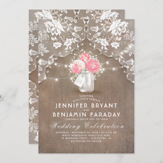 レースのバーラップのピンクのシャクヤクのメーソンジャーの素朴な結婚式 招待状 (正面/裏面)