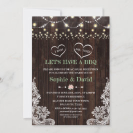 レースのピンクのブッシュの花のストリングライトが飾られた納屋　私たち結婚するよ　ＢＢＱしようぜ 招待状