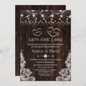 レースのピンクのブッシュの花のストリングライトが飾られた納屋　私たち結婚するよ　ＢＢＱやろう 招待状 (正面/裏面)