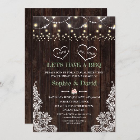 レースのピンクのブッシュの花のストリングライトが飾られた納屋　私たち結婚するよ　ＢＢＱやろう 招待状 (正面/裏面)