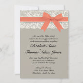 レースのリボンの灰色および珊瑚の結婚式招待状 招待状 (正面)