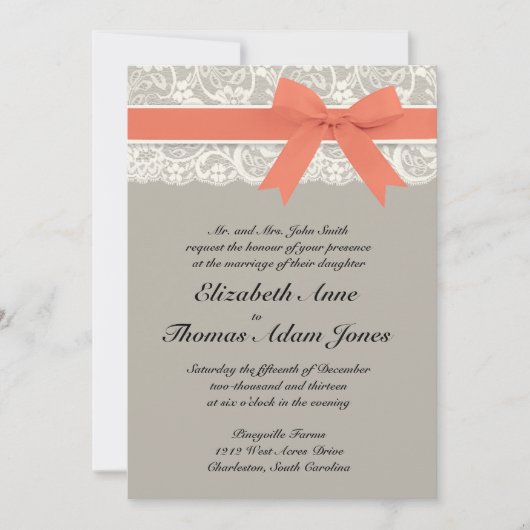 レースのリボンの灰色および珊瑚の結婚式招待状 招待状 (正面)