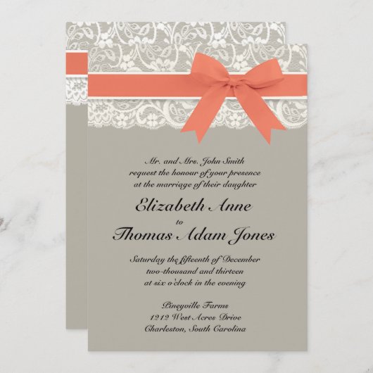 レースのリボンの灰色および珊瑚の結婚式招待状 招待状 (正面/裏面)