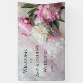 レースの上にピンクと白の牡丹 横断幕 (縦)