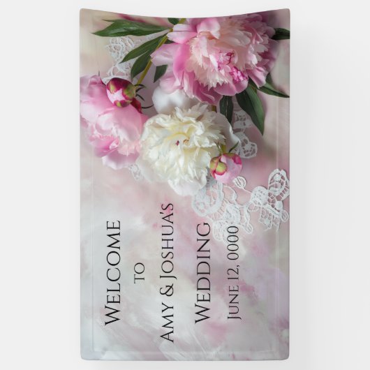 レースの上にピンクと白の牡丹 横断幕 (縦)