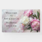 レースの上にピンクと白の牡丹 横断幕 (横)