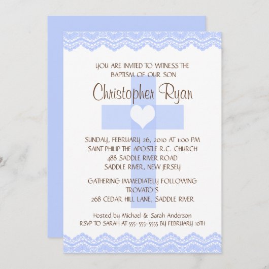 レースの十字の男の赤ちゃんの洗礼Inviation 招待状 (正面/裏面)