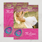 レースの孔雀の卒業生の発表のシマウマのピンク 案内状 (正面/裏面)