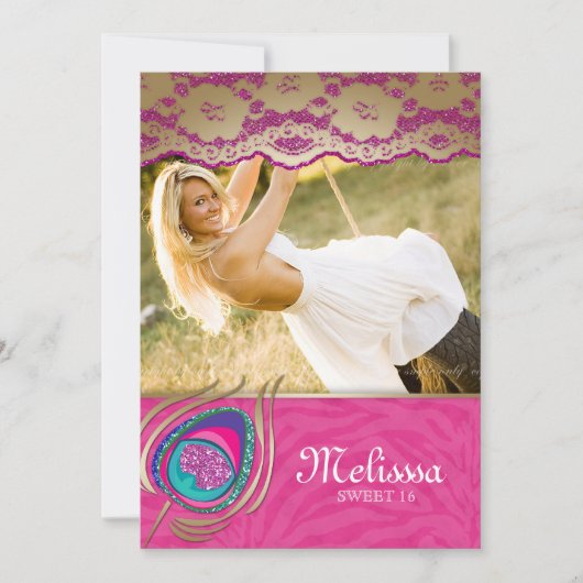 レースの孔雀のSweet sixteenの発表のシマウマのピンク 招待状 (正面)