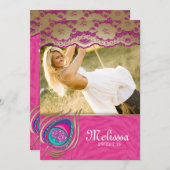 レースの孔雀のSweet sixteenの発表のシマウマのピンク 招待状 (正面/裏面)