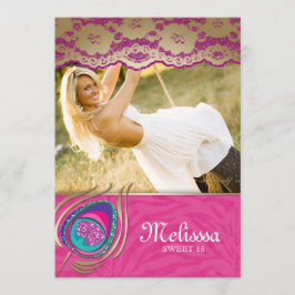 レースの孔雀のSweet sixteenの発表のシマウマのピンク 招待状