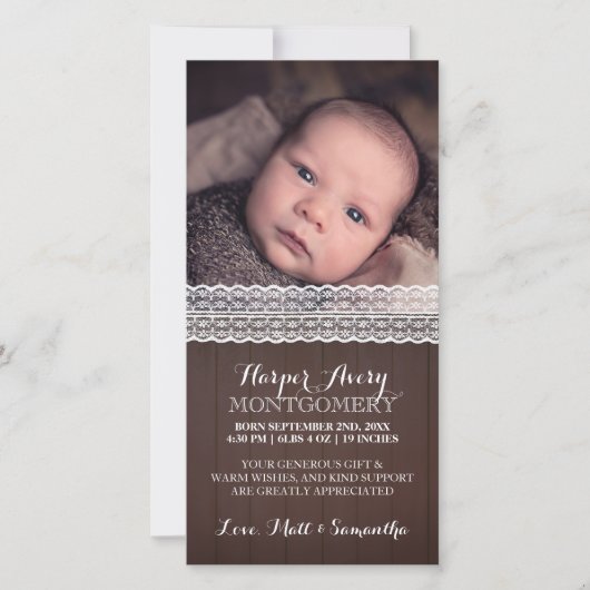 レースの暗い木製のカスタムな写真のベビーシャワーは感謝していしています サンキューカード (正面)