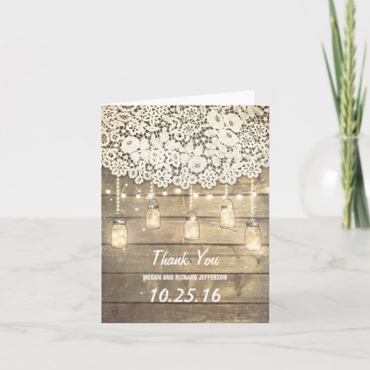 レースの木のライト メイソンジャー バーンウェディング サンクス サンキューカード (正面)