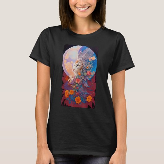 レースの王室の翼と流れを持つ神秘的な月猫 Tシャツ (正面)