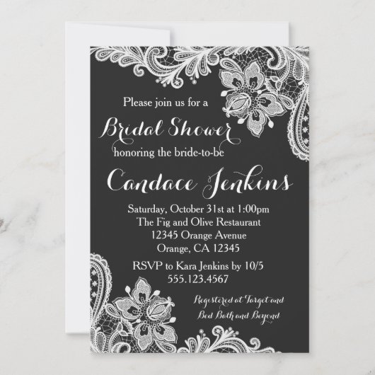 レースの白黒ブライダルシャワーの招待 招待状 (正面)