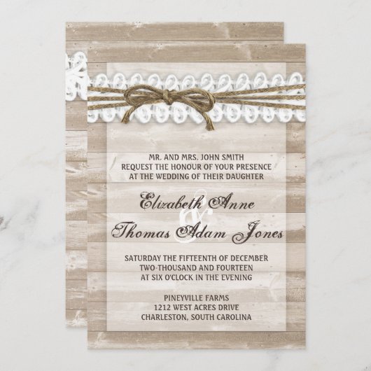 レースの結婚式招待状のヴィンテージの納屋の木製の麻ひも 招待状 (正面/裏面)