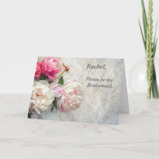 レースの背景にピンクと白の芍薬 招待状 (正面)