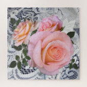 レースの背景にピンクのバラ ジグソーパズル (横)