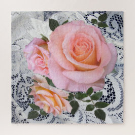 レースの背景にピンクのバラ ジグソーパズル