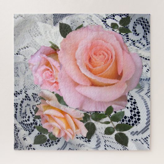 レースの背景にピンクのバラ ジグソーパズル (縦)
