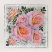 レースの背景に美しいピンクのバラ ジグソーパズル (横)