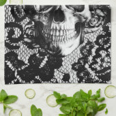 レースの背景の白黒バラのスカル キッチンタオル (折り畳み)