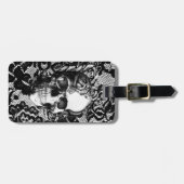 レースの背景の白黒バラのスカル ラゲッジタグ (正面横)