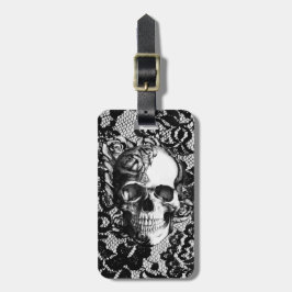 レースの背景の白黒バラのスカル ラゲッジタグ