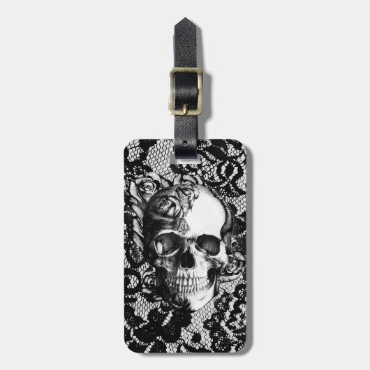 レースの背景の白黒バラのスカル ラゲッジタグ (正面縦)