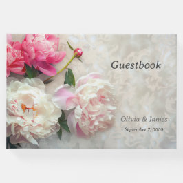 レースの背景を持つピンクと白の牡丹 ゲストブック