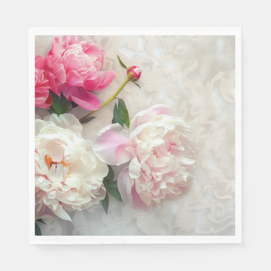 レースの背景を持つピンクと白の牡丹 スタンダードランチョンナプキン (正面)
