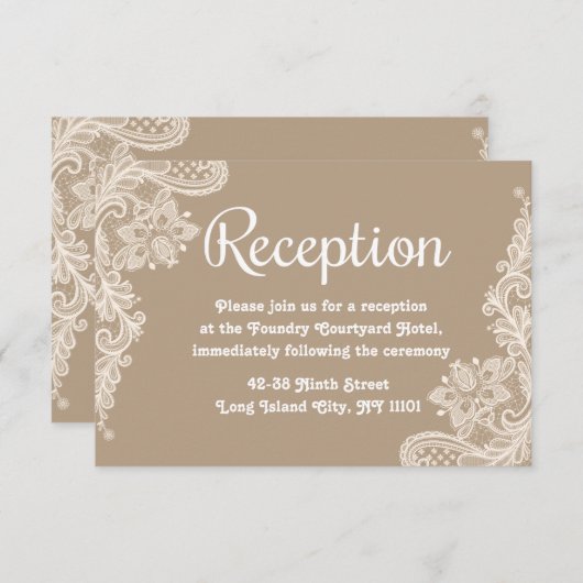 レースの花柄の茶色と白のレースのウェディングレセプション エンクロージャーカード (正面/裏面)