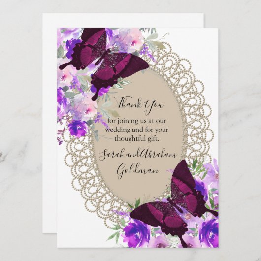 レースの蝶 結婚式のお礼カード 招待状 (正面/裏面)