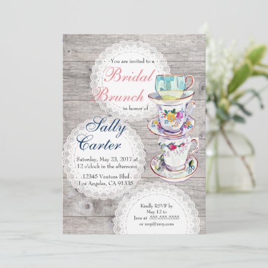 レースのDoilies及びティーカップの花嫁のブランチの招待状 招待状 (スタンド正面)