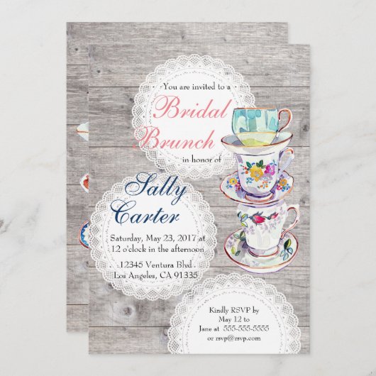 レースのDoilies及びティーカップの花嫁のブランチの招待状 招待状 (正面/裏面)
