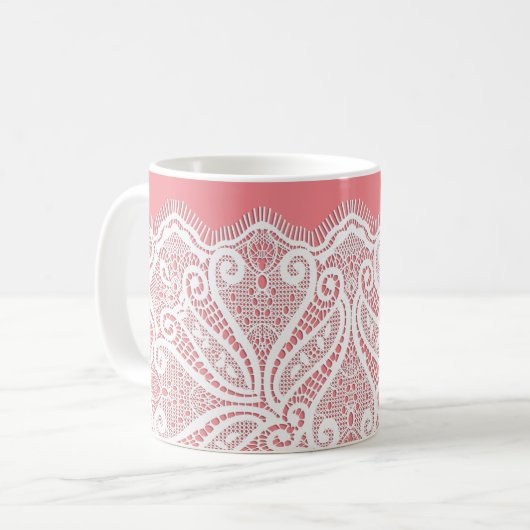 レースは古いピンクの白いヴィンテージにドイファッションドイ コーヒーマグカップ (正面左)