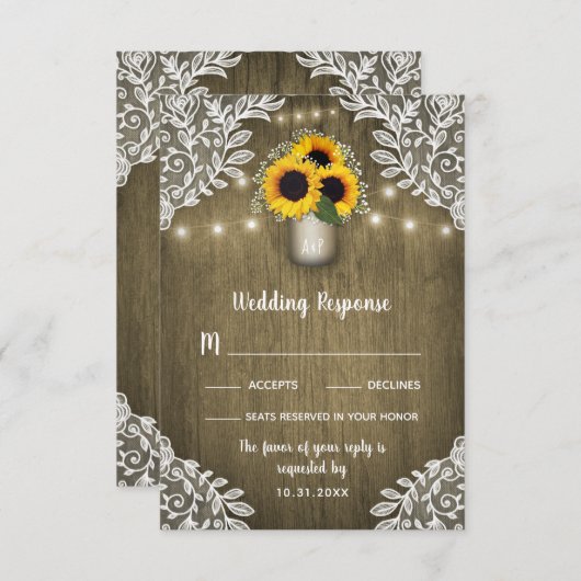 レースひまわりメイソンジャールウェディングRSVPカード 出欠カード (正面/裏面)